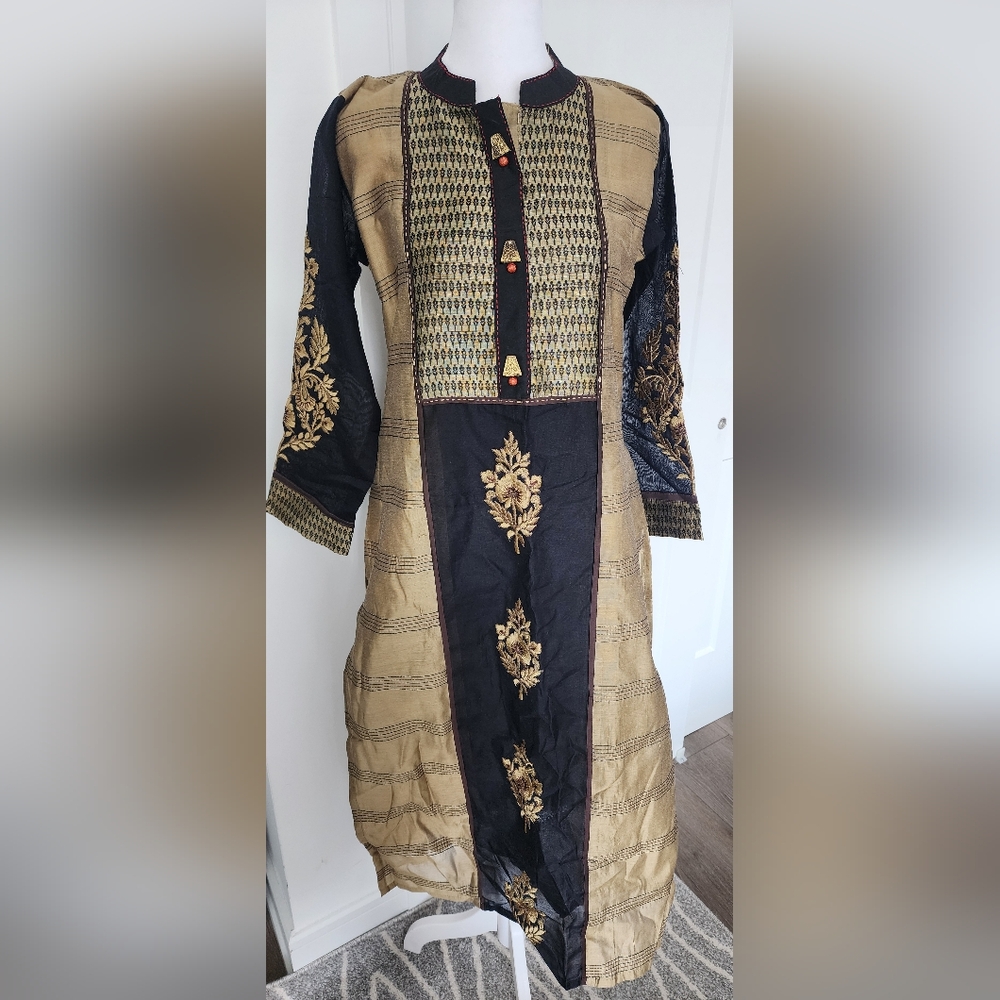 Elegant Black and Gold Embroidered Kurta, Comes With Salwar